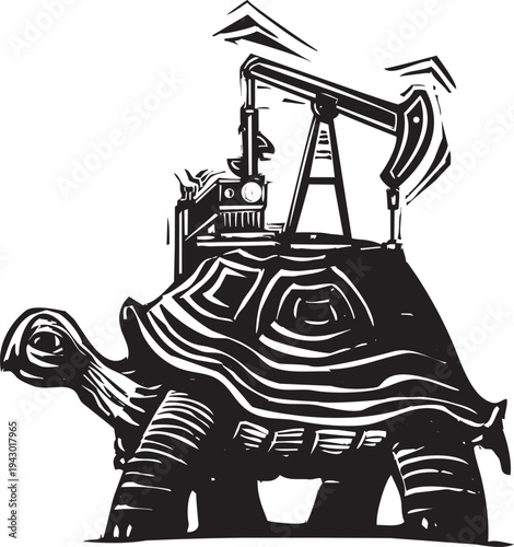 Woodcut turtle with an oil pump jack on its back