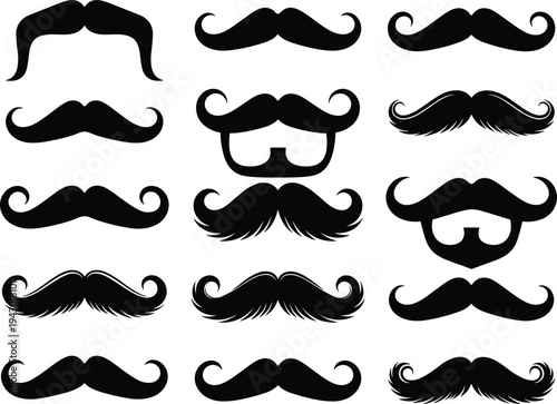 Vintage mustache silhouette collection with various curled and classic styles, barber and hipster moustache vector set isolated for grooming logos, fashion design and retro branding