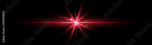 Red horizontal laser beam. Light lensflare. Red glow flare light effect. Vector illustration. Isolated on dark background.
