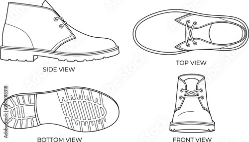 Leather boot technical outline illustration showing side, top, bottom and front views with sole pattern and laces, footwear design blueprint vector for fashion production