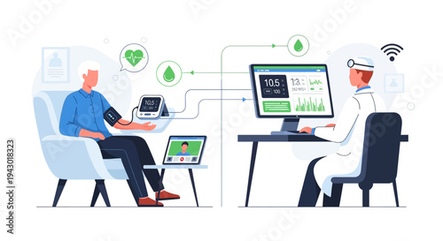 Elderly man undergoing remote blood pressure monitoring with a doctor overseeing the data via telemedicine and video call.