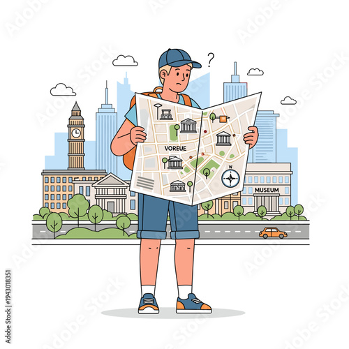 Confused male tourist with a backpack and map trying to navigate a city with prominent buildings and a museum in the background.