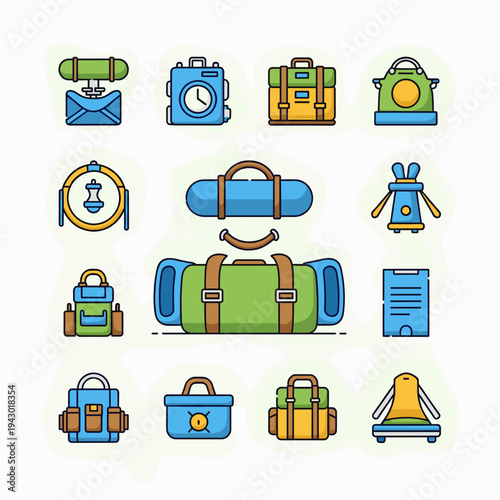 A collection of colorful flat design icons depicting various travel bags, luggage, backpacks, and outdoor gear in a stylized manner.