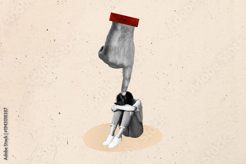 Fotografie Art sketch 3d image vertical collage of human hand point girl pressure bullying