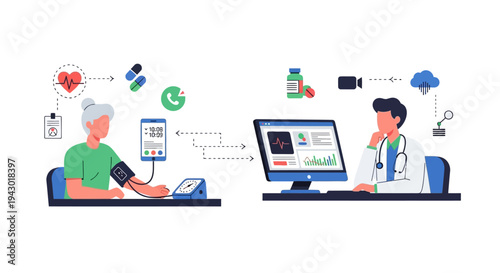 A senior male doctor wearing a white lab coat and stethoscope, looking at a tablet computer while sitting on a couch.