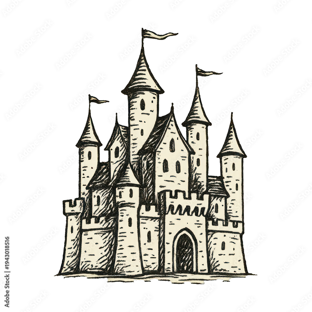 Fototapeta premium PNG Medieval castle sketch illustration.