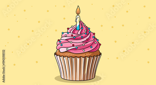 A delightful cartoon illustration of a single cupcake with vibrant pink frosting, colorful sprinkles, and a lit birthday candle on a cheerful yellow background.