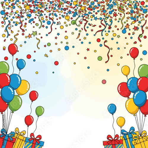 Vibrant illustration of a festive celebration with colorful confetti, streamers, balloons, and gift boxes, perfect for a party background.