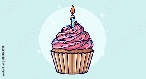 Cute cartoon illustration of a birthday cupcake with pink frosting, colorful sprinkles, and a lit candle on a light blue background.