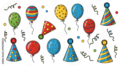 A vibrant collection of colorful party balloons, festive hats, and scattered confetti, perfect for celebrations.