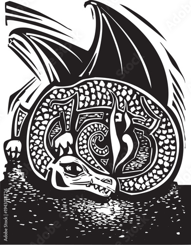 фотографія Woodcut style image of a Dragon and Horde