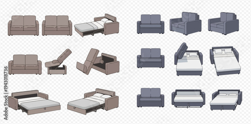 Sofa bed transformation set, showing the process of converting a couch into a bed, isolated on a transparent background.