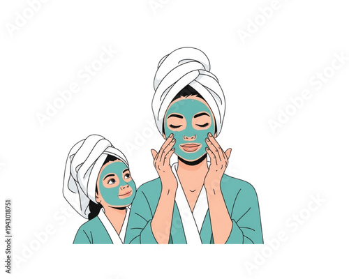 Mother and daughter applying cosmetic face masks. Mom and child spa day at home. Beauty skincare routine. Females in bathrobes and head towels. Self care flat vector illustration.