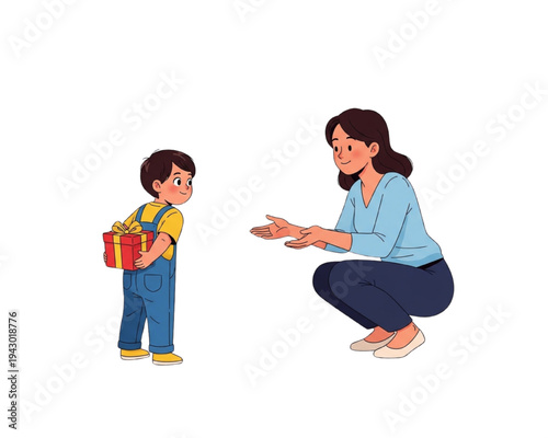 Little son hiding gift box behind back to surprise happy mother. Mom crouching with open arms. Cute boy giving Mothers Day present. Family love celebration flat vector illustration.