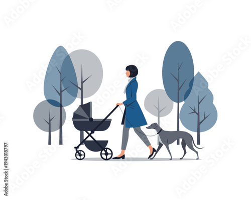 Modern mother walking baby stroller and dog in park. Woman with pram and pet on leash. Active parenting lifestyle. Outdoor winter nature flat vector illustration. Family care.