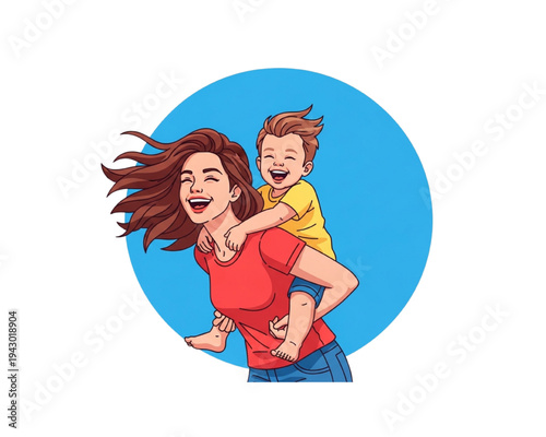 Happy mother carrying little son on her back, laughing playful family. Mothers Day love bonding flat vector illustration. Joyful mom and boy playing. Parenthood affection concept.