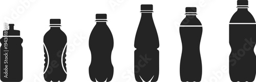 Plastic beverage bottle silhouette icon set featuring sport water bottle and soda drink containers, refreshment packaging vector collection isolated for beverage branding design