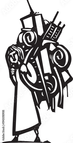 Woodcut image of a young woman with a backpack on her back as if going on a journey