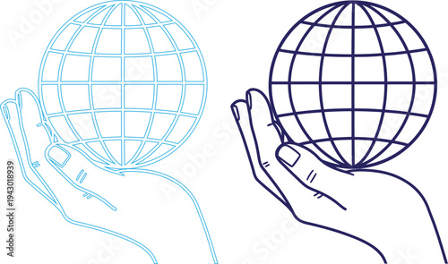 Wireframe globe illustrations with hands on white background