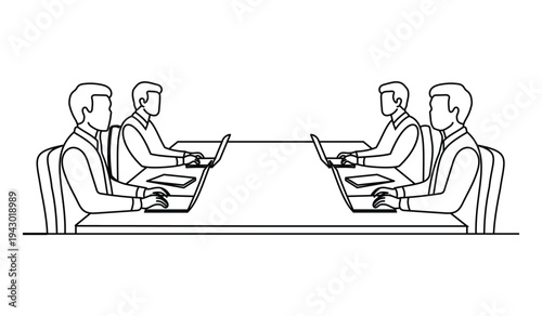 Business Team Meeting Discussion at Office Table with Laptops Minimal Outline Line Vector Illustration