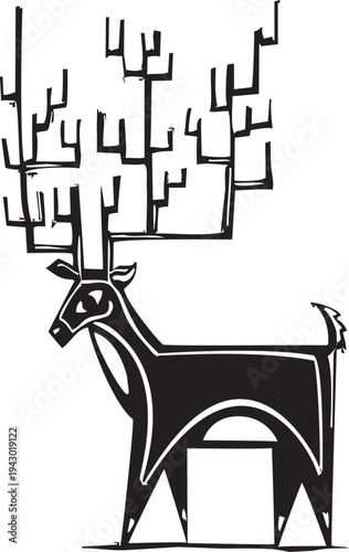 Woodcut style image of a deer with a huge rack of antlers