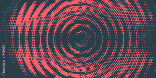 Circular Halftone Pattern Concentric Circles Frame Vector Red Black Colour Abstract Background. Mod Minimalist Art Half Tone Graphics Rippled Structure. Retro Futurism Technology Art Illustration