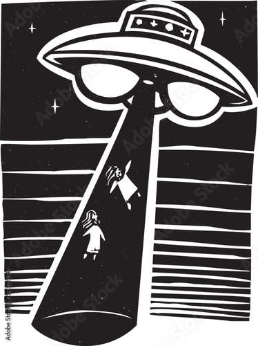 Woodcut style image of two people being abducted by a flying saucer at night