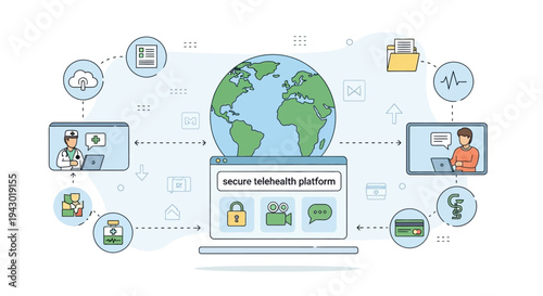 A comprehensive illustration of a secure global telehealth platform facilitating remote medical consultations, data exchange, and patient care through digital technology.
