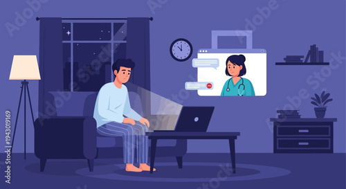 A man consults with a female doctor via a video call on his laptop from the comfort of his home at night, illustrating telemedicine.