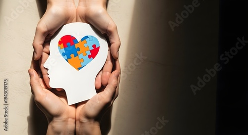 Hands holding a heart shaped puzzle piece