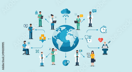 Global network of healthcare professionals utilizing digital technology for interconnected medical services and telemedicine.