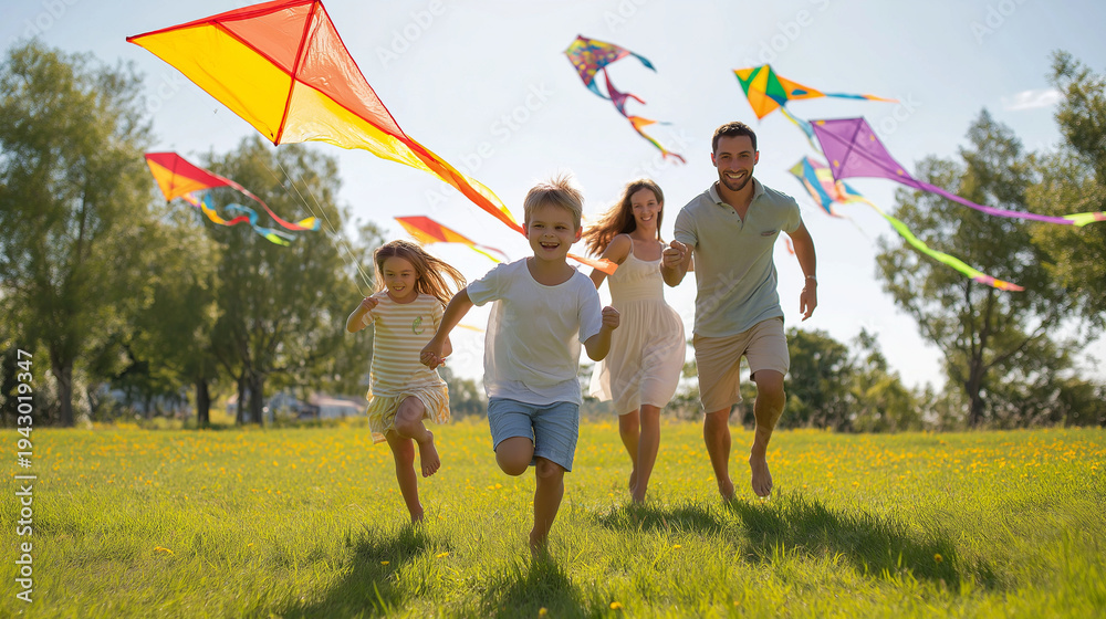 Fototapeta premium AI generator images of Running around and flying colorful kites outdoors is a great outdoor activity for building bonds and creating wonderful memories together.