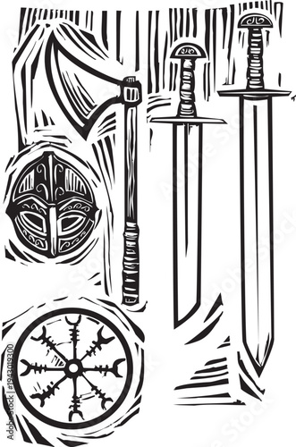 Woodcut style image of viking weapons and armor