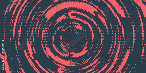 Circular Halftone Pattern Concentric Circles Frame Vector Red Black Colour Abstract Background. Mod Minimalist Art Half Tone Graphics Rippled Structure. Retro Futurism Technology Art Illustration