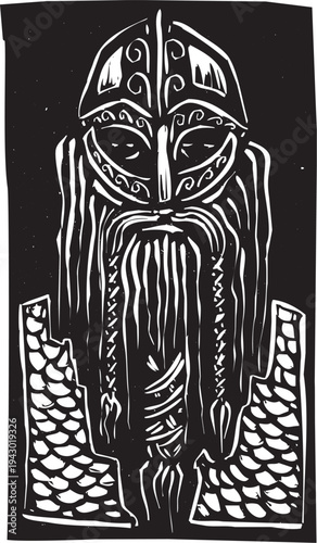 Woodcut style image of a viking warrior