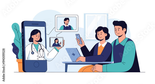 A couple consults with a doctor via telehealth, using multiple devices for a virtual medical appointment and remote healthcare.