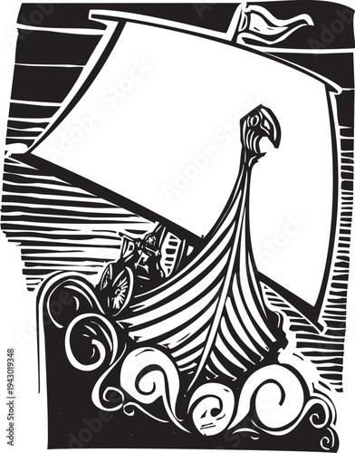 Woodcut image of a Viking Longship Sailing a stormy sea