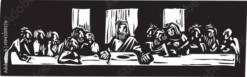 Woodcut style image of the christian Last Supper 