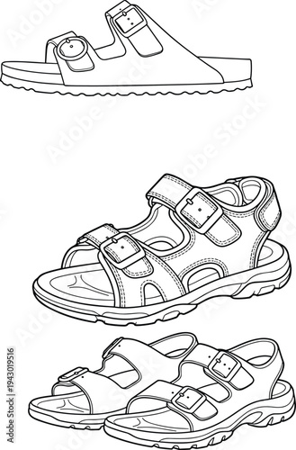Summer sandals outline vector set featuring casual buckle slide, sport hiking sandal and comfortable open toe footwear line art collection isolated on background