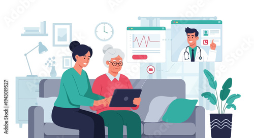 A younger woman assists an elderly woman with a laptop for an online medical consultation, showing a doctor on screen and health data.