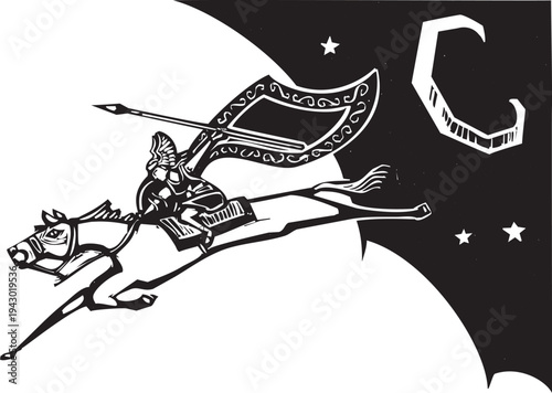 Woodcut style image of  a Norse Valkyrie in Sky riding a horse