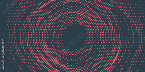 Circular Halftone Pattern Concentric Circles Frame Vector Red Black Colour Abstract Background. Mod Minimalist Art Half Tone Graphics Rippled Structure. Retro Futurism Technology Art Illustration