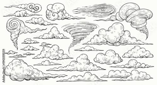 Hand Drawn Sketch Clouds and Weather Phenomena Vector Set. Storm Elements Collection. isolated PNG with Transparent Background