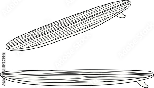 Surfboard outline vector illustration set with top and side view longboard design isolated on background, surfing equipment line art for beach sport branding