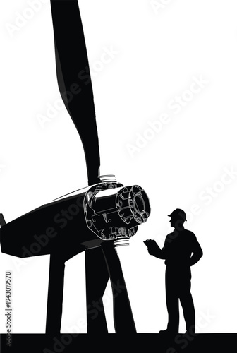 Wind turbine technician inspecting large wind generator rotor and nacelle silhouette, renewable energy engineering concept, sustainable power production and green electricity technology