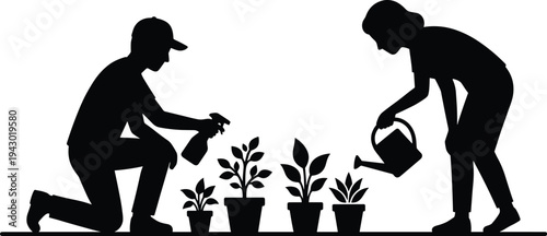 Silhouette of couple caring for multiple potted plants watering and spraying leaves indoor gardening and plant care conceptSilhouette of couple caring for multiple potted plants watering