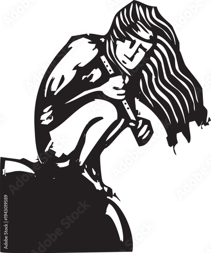 Woodcut style image of a primitive man with a flute