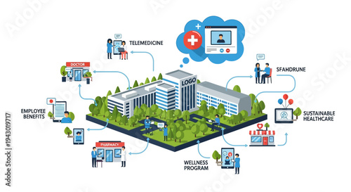 Illustration of an integrated healthcare facility offering digital health solutions and corporate wellness programs.