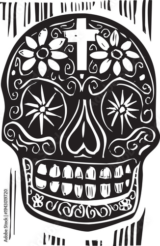 Woodcut style day of the dead sugar skull with flowers on it.