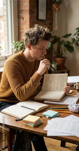 Young professional studying documents at desk indoors daylight